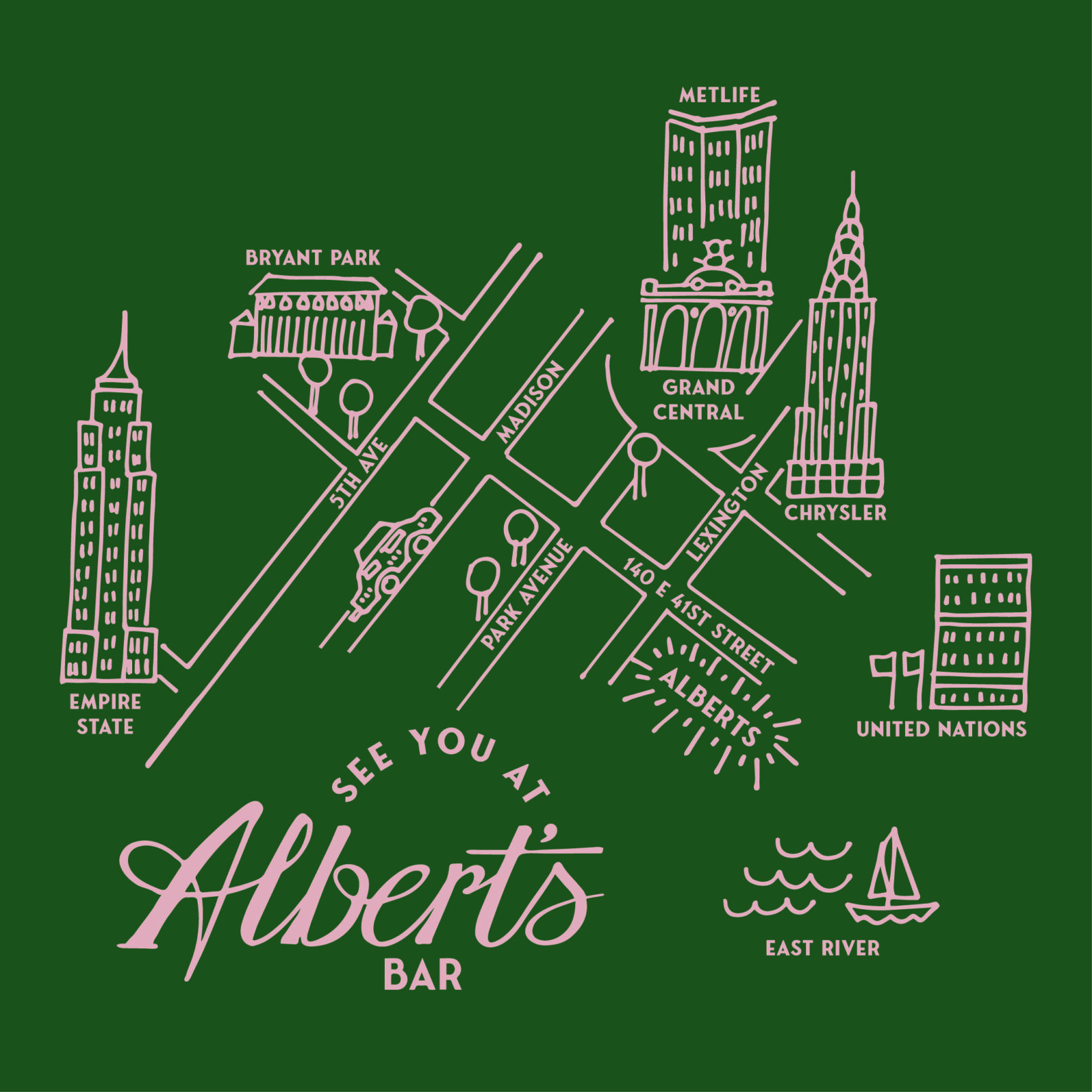 Albert's Bar Midtown Manhattan Map Illustration